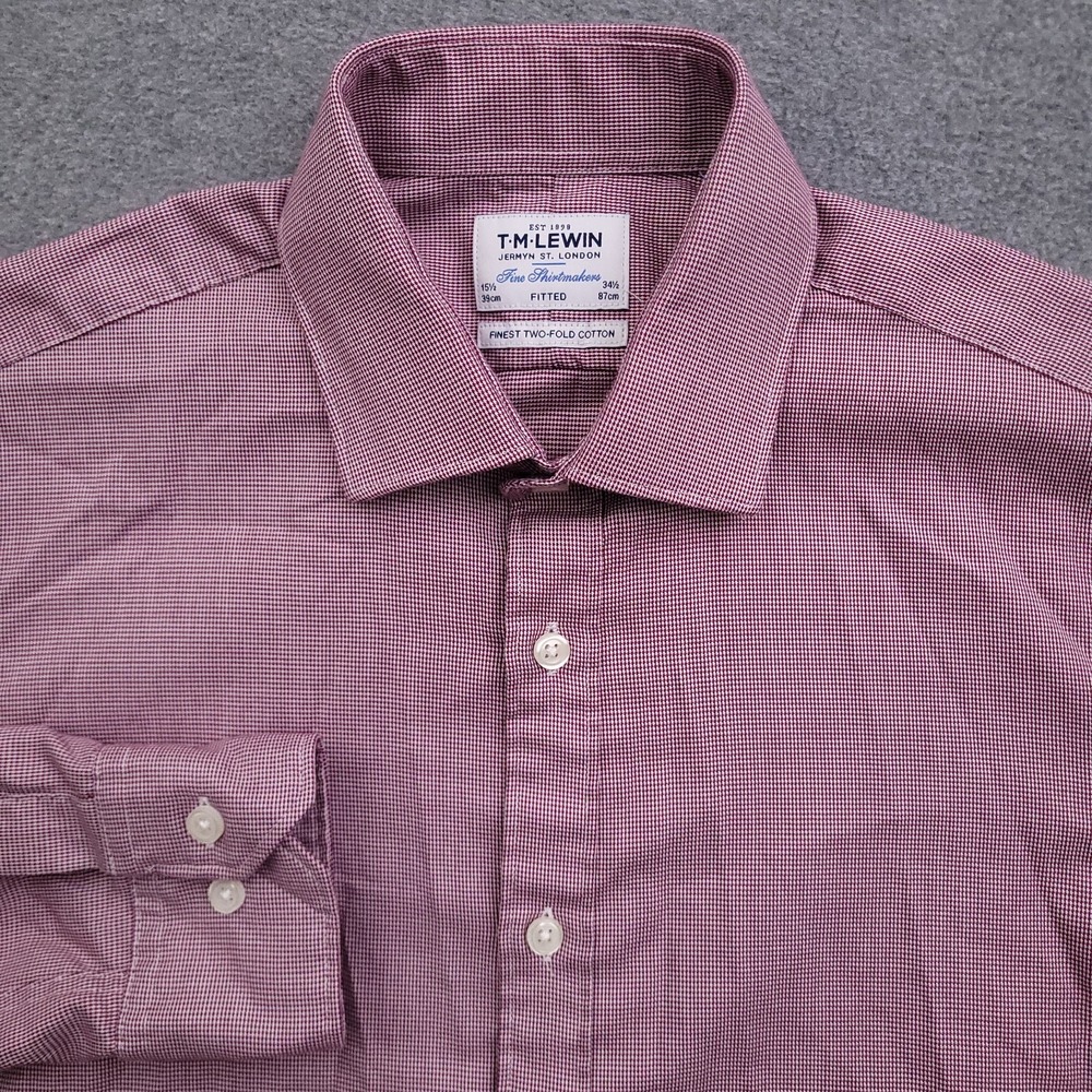 T.M. Lewin Dress Shirt Mens 15.5 34.5 Fitted Red Houndstooth Two Fold Cotton